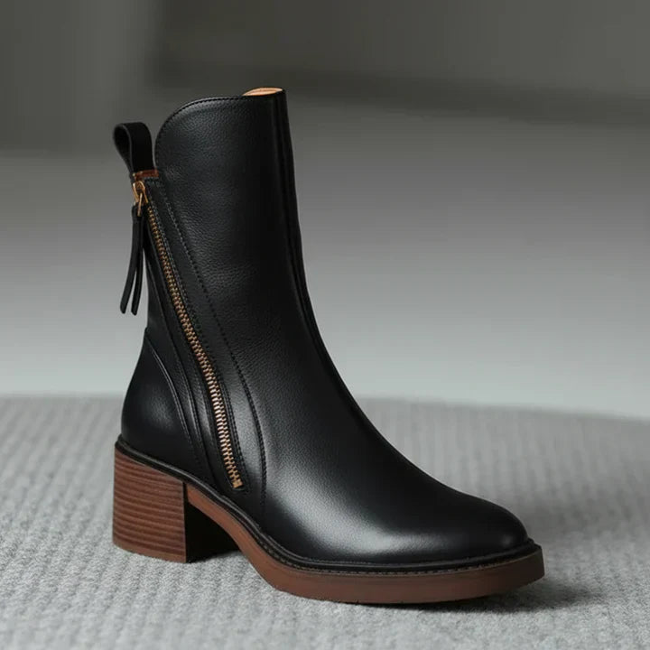 Valorine™ | Bota de piel negra con tacón cómodo, elegante y atemporal